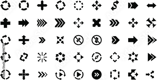 Arrow vector set featuring various black geometric shapes for user interface design and modern web navigation