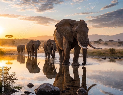 Majestic African savannah at dawn, herd of elephants, golden light, warm pastel colors, calm atmosphere	
