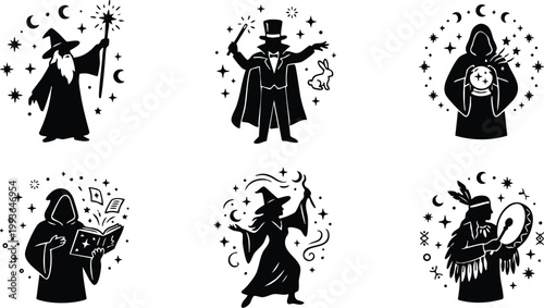 Black wizard magician and mystic sorcerer with magic wand and book vector art