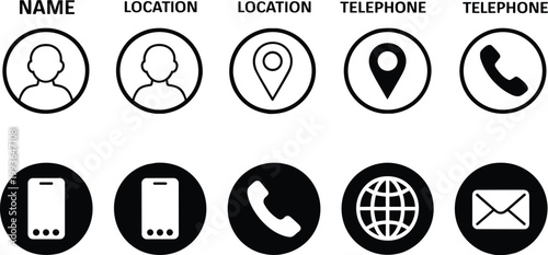 Collection of Ten Black and White Icons for Contact Information and Communication name location