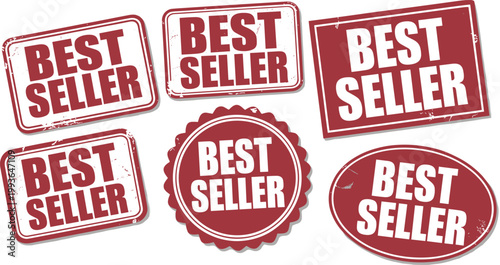 Collection of Six Red Grunge Best Seller Badges and Stamps on White Background label sign