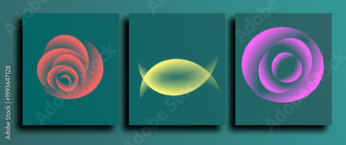Abstract Gradient Geometric Shapes Set — Glowing Flower, Spiral Swirl on Green Background