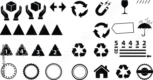 Logistics packaging symbols collection containing set of shipping icons for cargo handling and shipping container labels