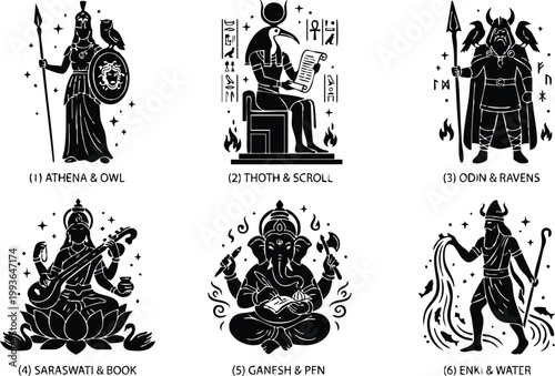Six mythological gods with symbolic animals and objects
