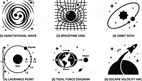 Black and white space themed icons gravitational wave spacetime grid orbit path and rocket launch