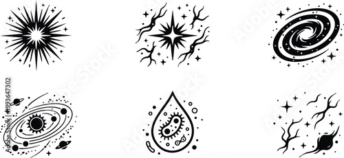 Black and white celestial stars planets and microscopic bacteria vector art icons