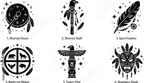 Black and white shaman drum staff feather medicine wheel totem pole and shamanic mask vector art
