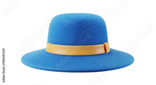 Vector illustration of blue felt hat with a tan leather band on a transparent background