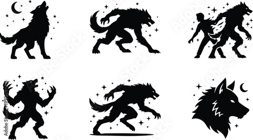 Black silhouette werewolf moon and stars vector art set