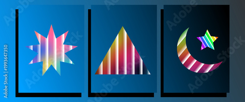 Colorful Rainbow Gradient Geometric Shapes Set — Star Burst, Triangle, Crescent Moon and Star on Blue Dark Background