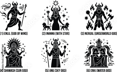 Six mesopotamian gods with symbolic elements