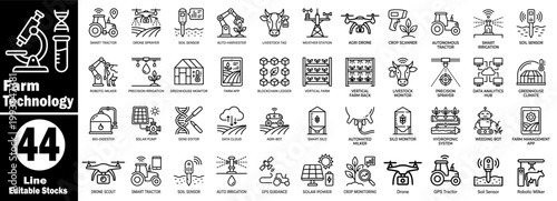 Farm technology icons set. Smart agriculture automation, precision farming, the science industry, and futuristic concepts.