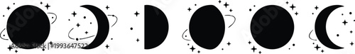 Black and white phases of the moon vector art with stars and orbit lines