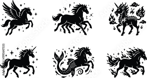 Black silhouette mythical horse creatures including pegasus unicorn and fire horse vector art