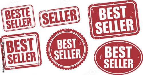 Group of Six Red Grunge Best Seller Stamps and Labels on White Background badge sign
