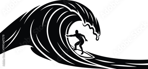 Surfer silhouette riding inside massive ocean wave barrel tube, extreme water sport surfing adventure lifestyle concept vector illustration