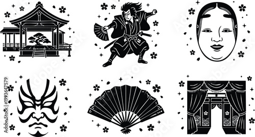 Black and white kabuki actor mask fan japanese theatre building icons