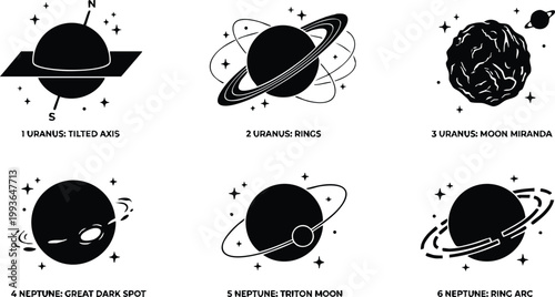 Uranus and neptune planets with moons and rings