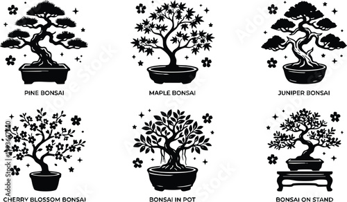 Black and white pine maple juniper cherry blossom and potted bonsai trees with floral accents vector art