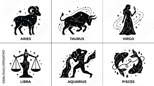 Black and white zodiac constellation icons of aries taurus virgo libra aquarius and pisces