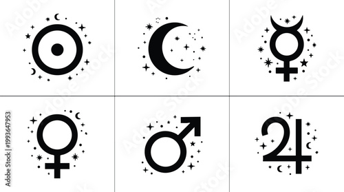 Black and white celestial planetary symbols with stars and moons vector art