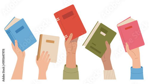 Diverse hands holding books vector illustration, education, library, book sharing, back to school, and knowledge concept for culture, reading, and literacy design