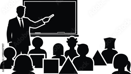Teacher silhouette pointing at blackboard teaching students in classroom, education learning school training seminar concept vector illustration