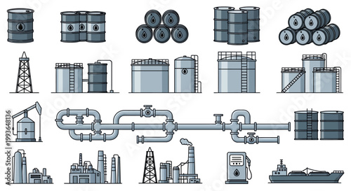 Industrial equipment and machinery icons set.