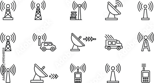Collection of vector graphic icons representing communication towers, satellite dishes, and mobile devices broadcasting signals.