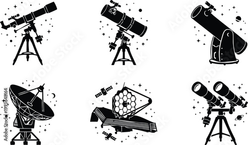Black and white telescope and satellite dish vector illustration set with stars and planets