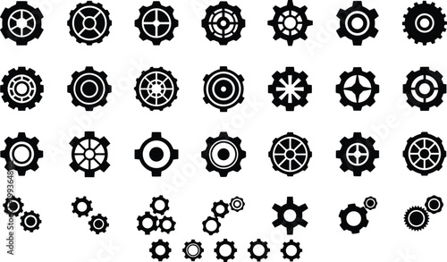 Collection of diverse gear and cog illustrations representing teamwork, mechanics, and engineering concepts
