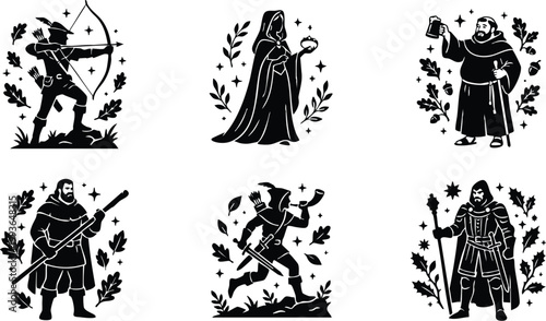 Medieval black and white silhouette characters archer wizard monk and warriors with leaves and stars