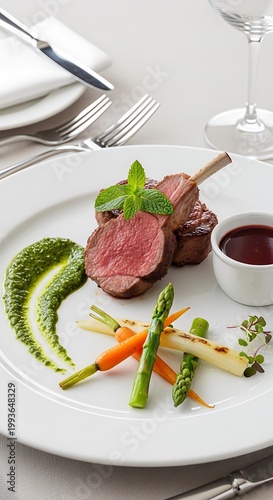 Gourmet lamb chops with asparagus and carrot garnish, fine dining.