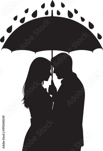 Romantic couple silhouette, kissing under umbrella, rain droplets, black vector icon