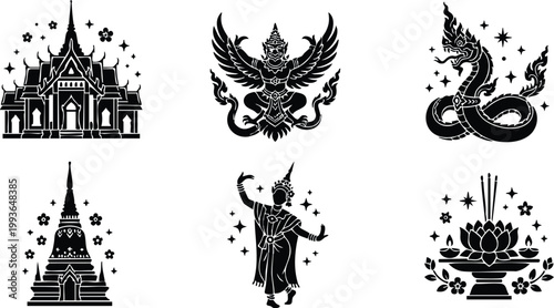 Black and white thai temple garuda naga dancer and lotus incense vector art