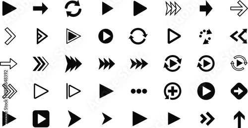 Collection of black vector arrows and play buttons illustrating navigation, direction, and media control functions