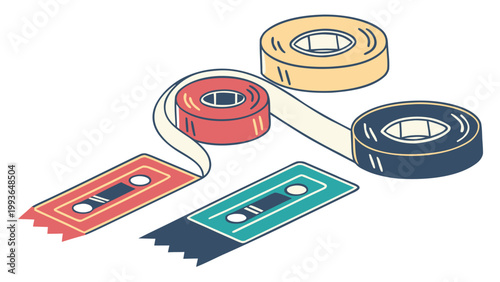 Tape Dispenser and Colorful Tape Rolls Vector Set — Office Supply Stationery Bundle with Multiple Tape Spools Isolated