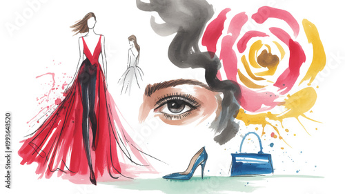 Fashion illustration with dresses high heel and handbag with eye and flower