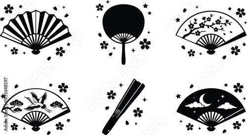 Black and white japanese folding fans with floral and nature motifs vector art