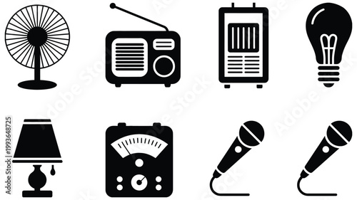 home appliance and electronics icon set with fan, radio, heater, light bulb, lamp, meter gauge, and microphones, flat and silhouette styles, clean vector illustration for household equipment