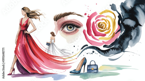 Fashion illustration with women in dresses and accessories on white background