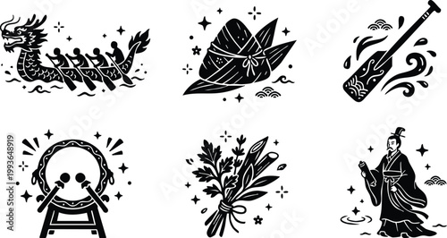 Black and white dragon boat zongzi paddle drum herbs and ancient poet vector art