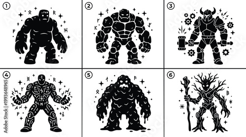 Black silhouette fantasy creature collection with magical runes and mystical sparks