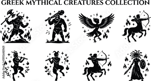 Black and white greek mythical creatures collection silhouette line art