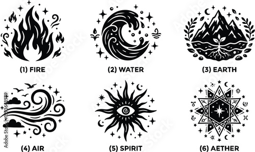 Black and white elemental symbols fire water earth air spirit aether vector art
