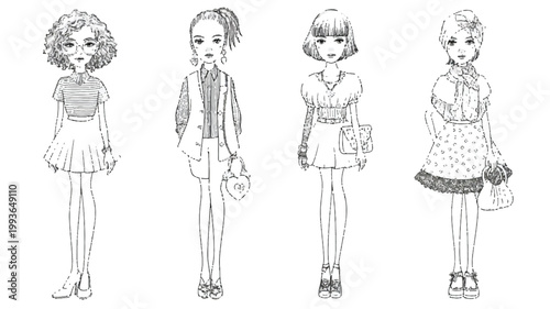 four fashionably dressed cartoon women standing in different poses and outfits