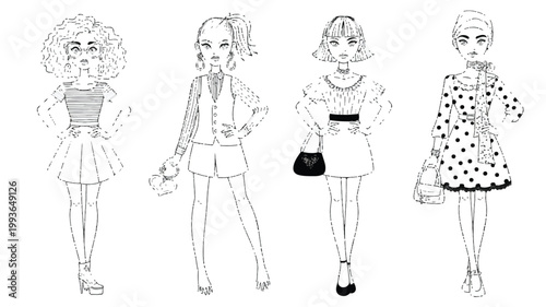 four fashionably dressed cartoon women standing in different poses and outfits