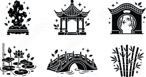 Bonsai rock pagoda moon gate lotus pond bridge and bamboo