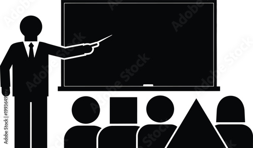 Teacher silhouette pointing blackboard in front of students, school classroom education learning lecture training seminar concept vector illustration