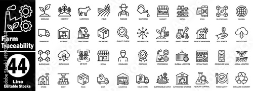 Farm traceability line icons set. Featuring seedling harvest, livestock field farmer watering, market, retail blockchain, global logistics, and food safety scan.
